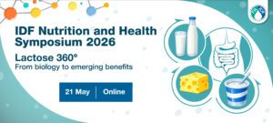 Banner for the IDF Nutrition and Health Symposium 2026 titled ‘Lactose 360°: From biology to emerging benefits’. Visuals include illustrations of milk and yogurt, a digestive system graphic, and a piece of cheese. The event date ‘21 May’ and the word ‘Online’ appear in blue boxes. IDF logo displayed in the top right corner.