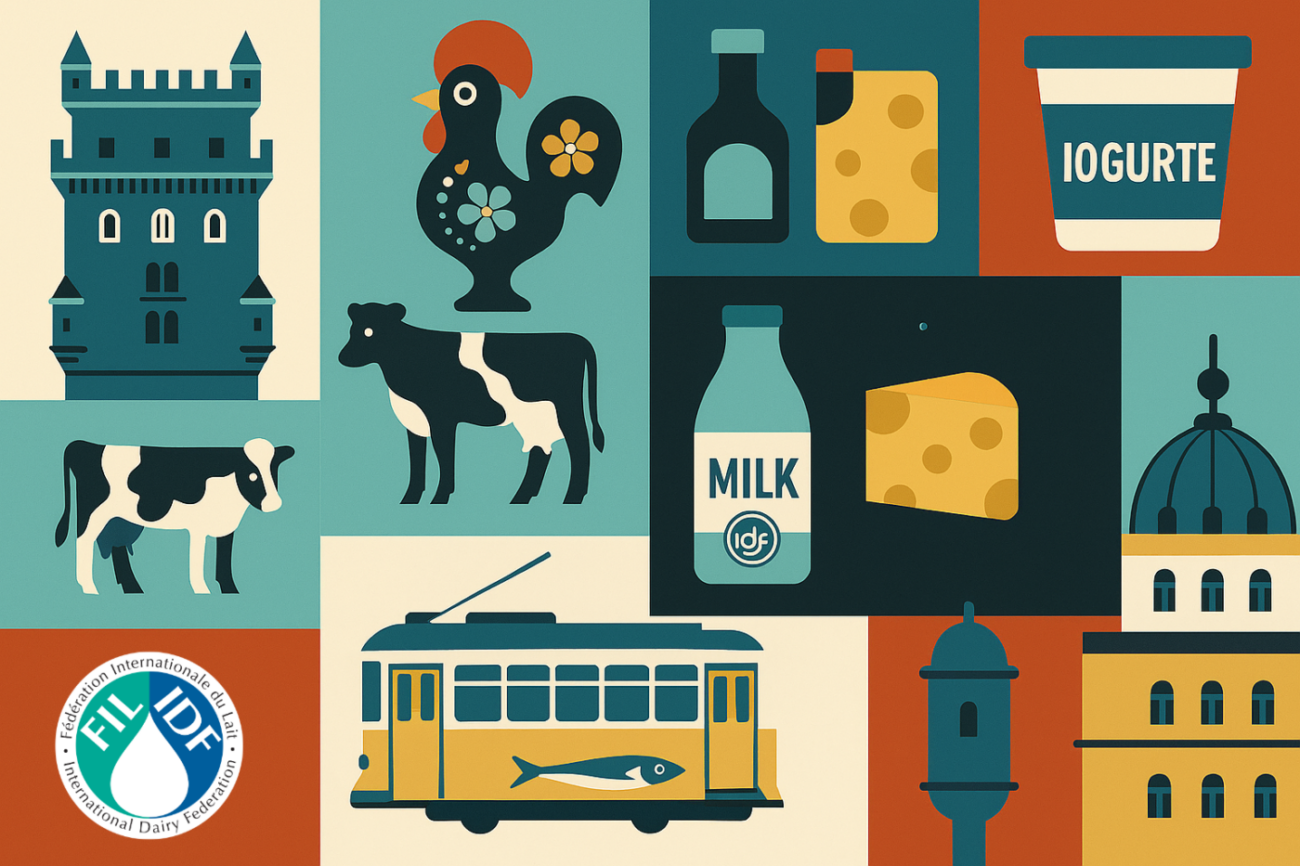 Illustrated collage showing Portuguese landmarks, dairy cows, milk, cheese, yoghurt, and the IDF logo.