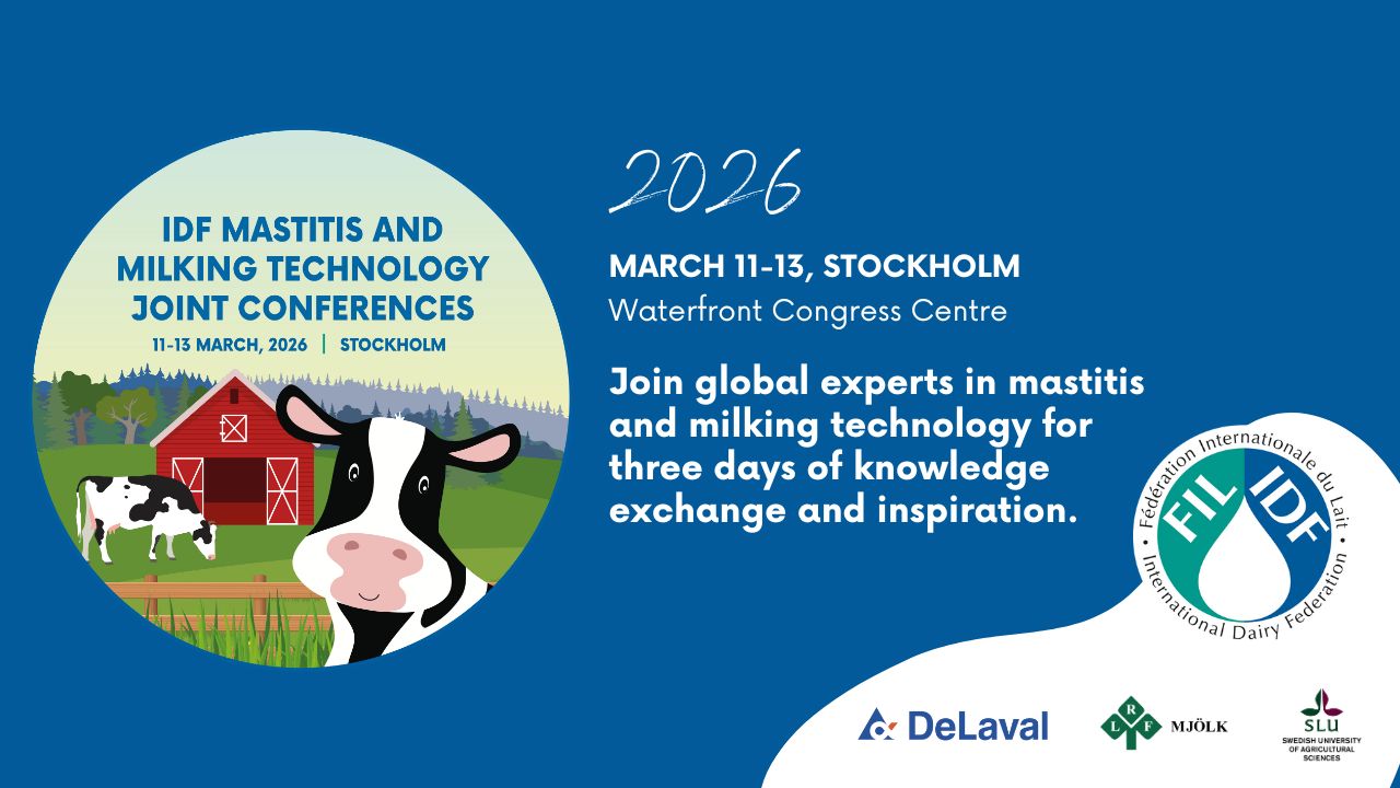 Promotional banner for the IDF Mastitis and Milking Technology Joint Conferences 2026, held 11-13 March in Stockholm, featuring a cow illustration, farm scene, event details, and IDF logo.