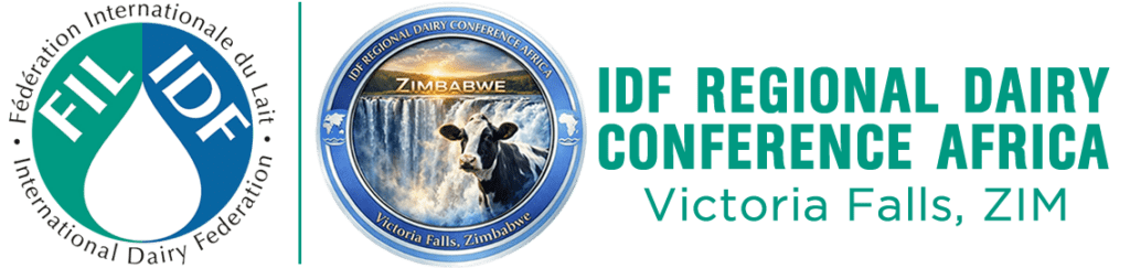 Banner for the IDF Regional Dairy Conference Africa, showing the IDF logo, a circular emblem with a cow in front of Victoria Falls labelled ‘Zimbabwe’, and the text ‘IDF Regional Dairy Conference Africa - Victoria Falls, ZIM’.