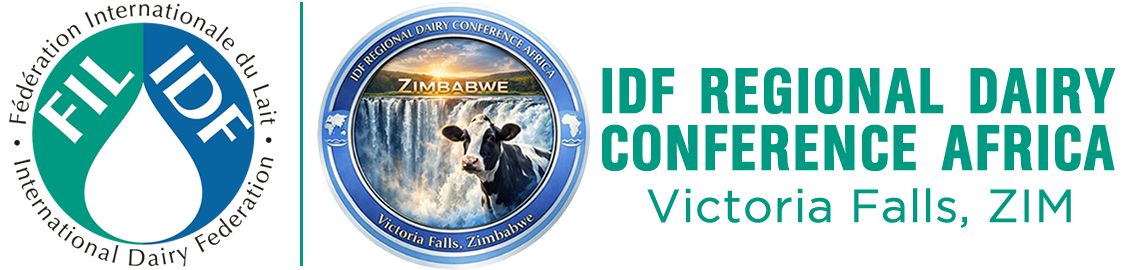 Banner for the IDF Regional Dairy Conference Africa, showing the IDF logo, a circular emblem with a cow in front of Victoria Falls labelled ‘Zimbabwe’, and the text ‘IDF Regional Dairy Conference Africa - Victoria Falls, ZIM’.