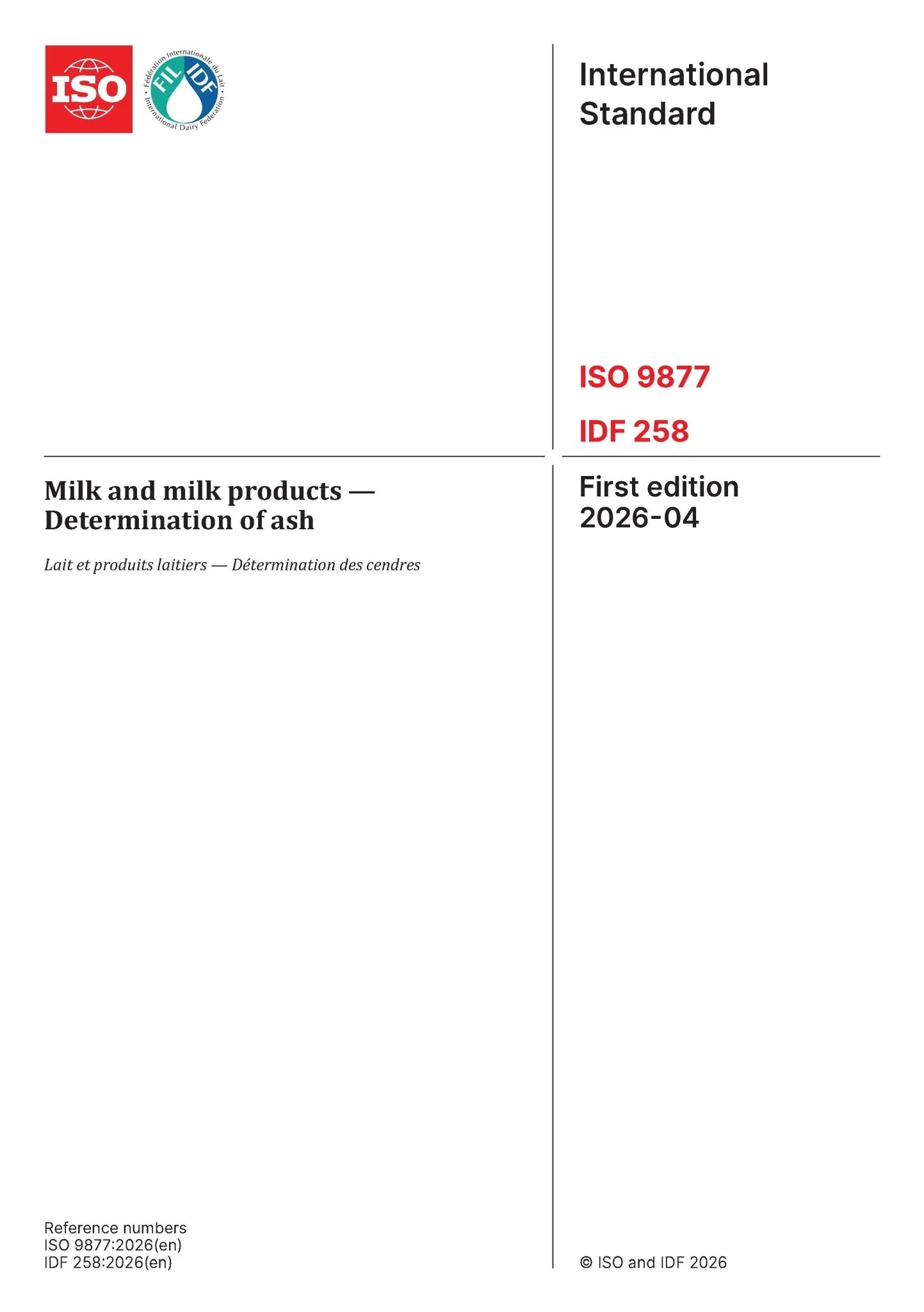 ISO 9877 | IDF 258: 2026 - Milk and milk products - Determination of ash