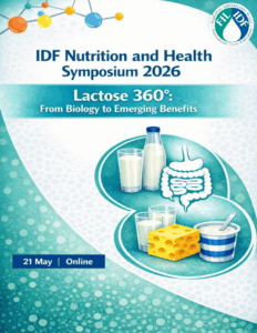 Cover of the IDF Nutrition and Health Symposium 2026 booklet titled ‘Lactose 360°: From biology to emerging benefits’